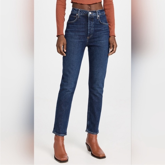 Agolde Riley Long High Rise Straight Leg Jeans Dark Blue Wash Size 31 Luxury - Picture 4 of 16